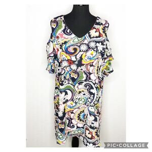 ZOE white black multicolor floral paisley cold shoulder shift dress size Medium